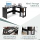 L-shaped computer desk with spacious desktop and 2-tier open shelves for efficient home office storage and organization.